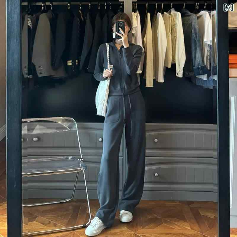 カジュアルセットアップ レディース 女性用 春秋 韓国風 大人カジュアル 高級感 シェニール スウェット トレーナー 長袖 ジョガーパンツ 上下 2点セット グレー 立体模様 伸縮性素材