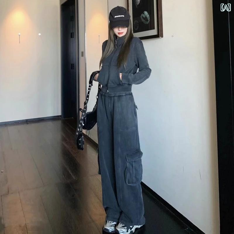 セットアップ レディース 春夏 細見え レトロ グレー ショート丈 スウェット トレーナー ワイドパンツ ボトムス カジュアル 上下セット シェニール 体型カバー 普段使い リラックス