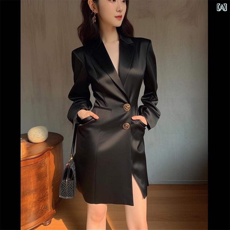 ワンピース レディース フォーマル エレガント 上品 ウエストマーク 細見え 長袖 ブラック テーラードカラー パフスリーブ ミニ丈 TR素材 無地 オフィス 通勤 パーティー お呼ばれ フレンチテイスト 秋冬