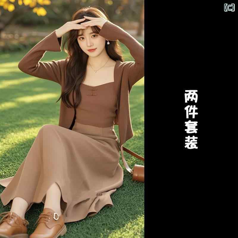 セットアップ レディース 春 中国風 エレガント 上品 フェミニン レトロ ニットカーディガン 羽織り スカート アンサンブル ブラウン コットン 光沢感 きれいめ 普段使い お出かけ