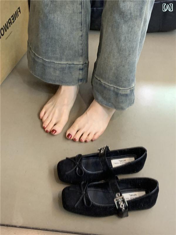 パンプス レディース メリージェーン スクエアトゥ フラット ローヒール ぺたんこ リボン ストラップ バックル バレエシューズ風 普段使い カジュアル ブラック シルバー ヒョウ柄 ピンク系 ブラウン