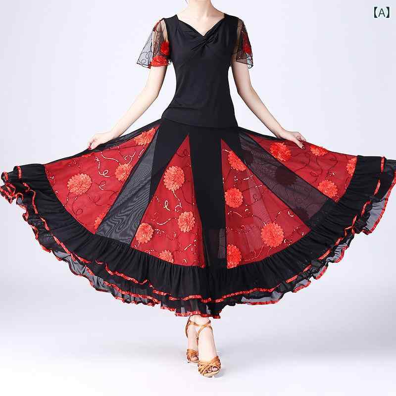 スカート レディース ミセス 高級感 民族風 エスニック 社交ダンス衣装 ロング フレア Aライン 刺繍 おしゃれ 発表会 レッスン パーティー