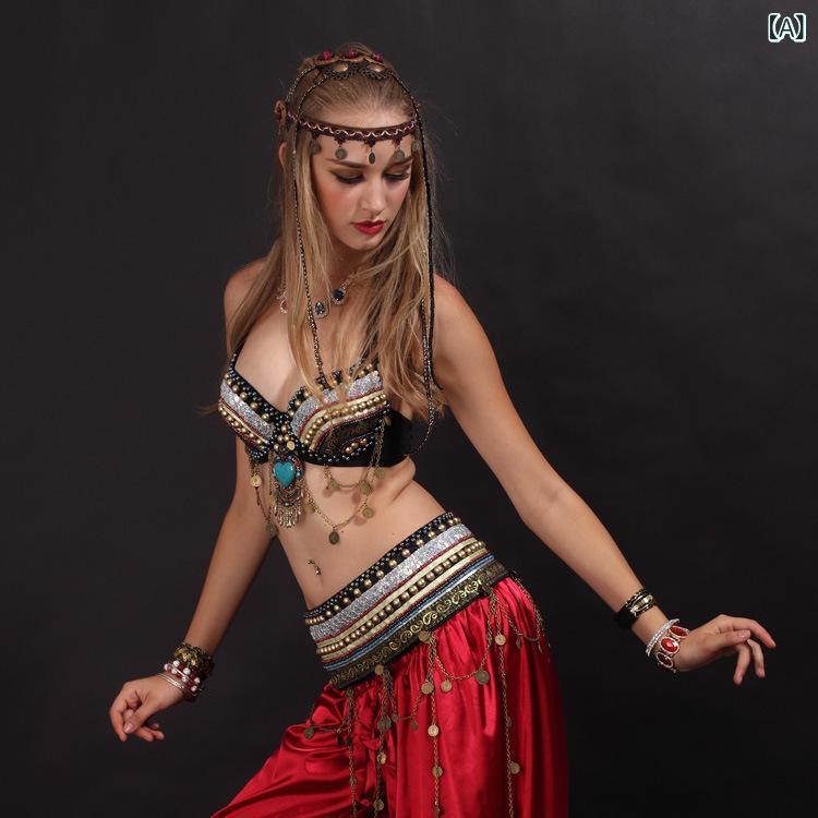 ベリーダンス レディース 衣装 セットアップ スリーピース フリンジ タッセル 民族風 トライバルデザイン ポリエステル ナイロン ダンスウェア ステージ衣装 発表会 ブラック ワインレッド