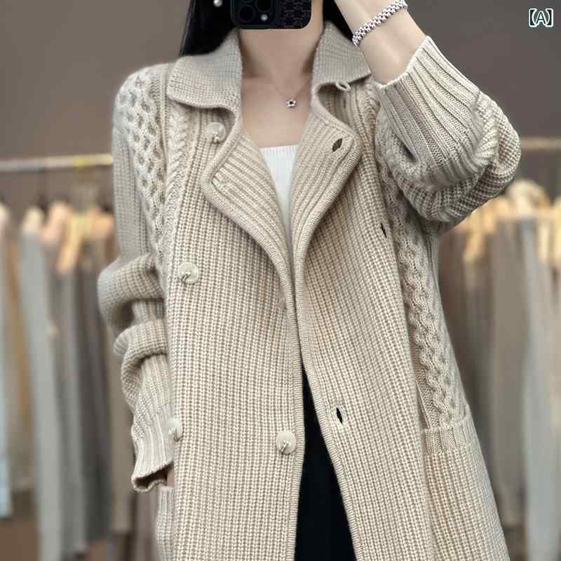 Long-Sleeved Knit - カーディガン レディース 女性用 秋冬 ミドル丈 ウール カシミヤ ニット アウター 韓国 ゆったり 厚手 リラックス ダブルボタン テーラードカラー 長袖 ベルト付き