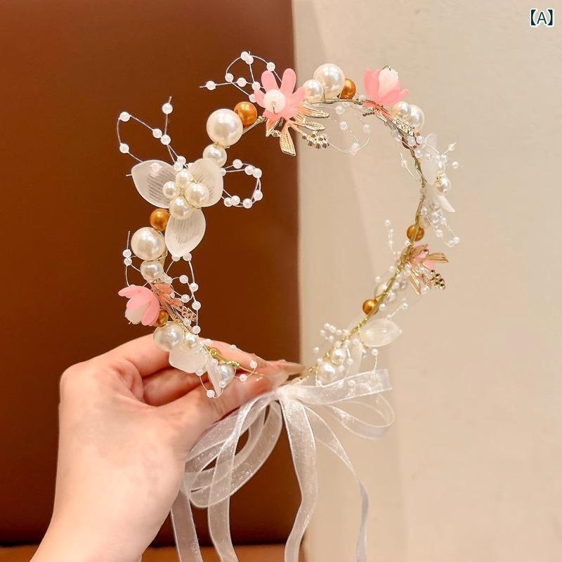 カチューシャ キッズ 女の子 子供用 花冠 フラワーリース パール パール リボン プリンセス お姫様 ス..