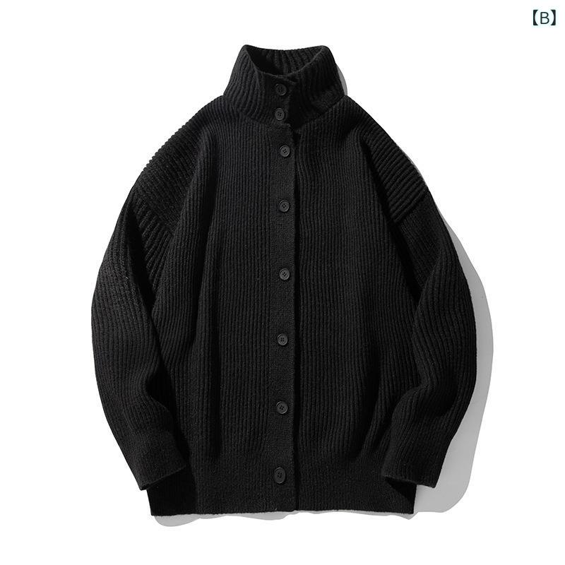 ニットカーディガン ユニセックス メンズ レディース レトロ ヴィンテージ風 ボタン ハイネック オーバーサイズ ゆったり 秋冬 カップルコーデ 着回し抜群 表情のある生地感 ポリエステル トップス