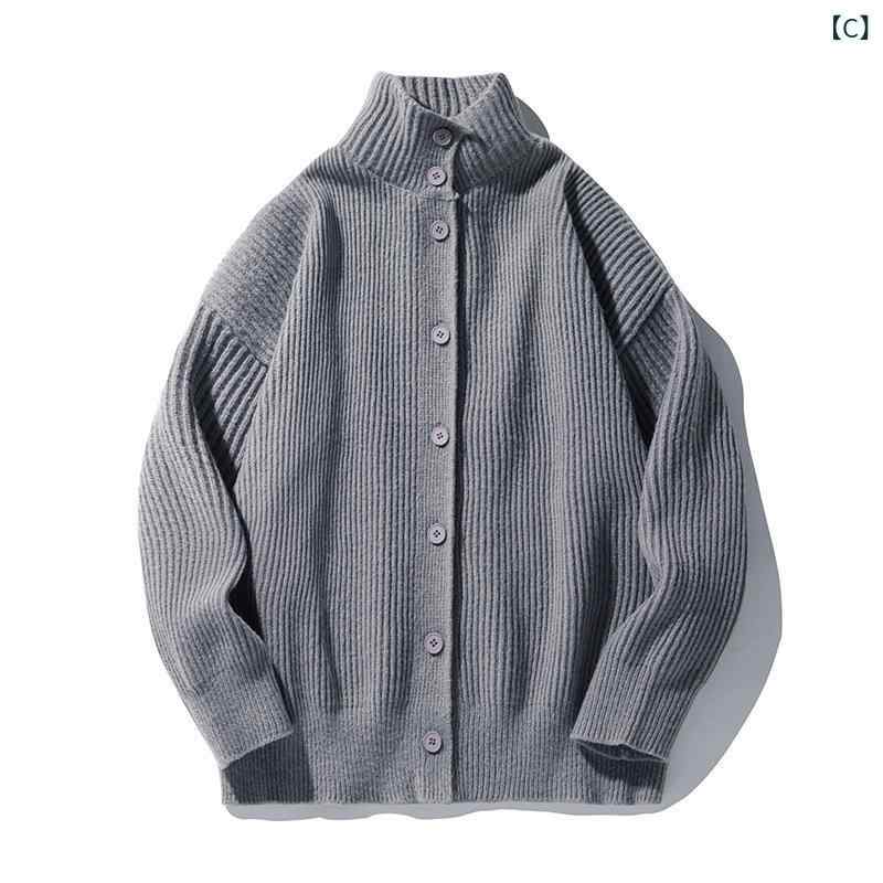 ニットカーディガン ユニセックス メンズ レディース レトロ ヴィンテージ風 ボタン ハイネック オーバーサイズ ゆったり 秋冬 カップルコーデ 着回し抜群 表情のある生地感 ポリエステル トップス