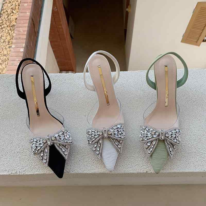 サンダル レディース ポインテッドトゥ スリングバック リボン ラインストーン キトゥンヒール 大人かわいい オフィス 合成皮革 秋冬 オフホワイト ブラック ライトグリーン