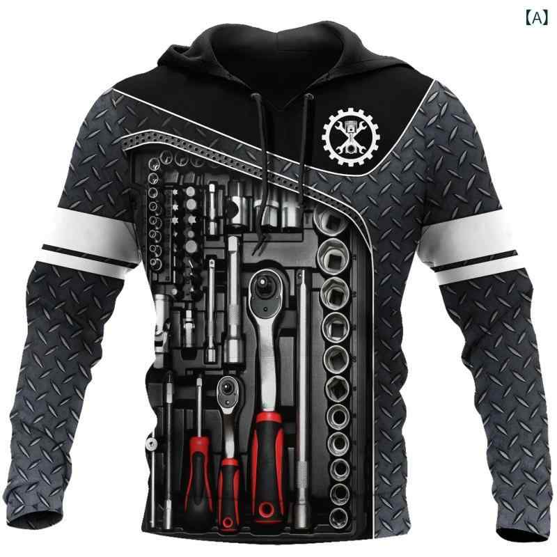 パーカー メンズ フーディー レトロ ヴィンテージ風 スウェット トレーナー 男性用 メカニック 3Dプリ..