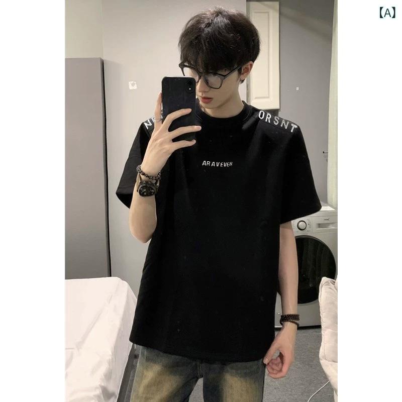 Rakuten - Tシャツ メンズ ビッグシルエット ゆったり 厚手 ヘビーウェイト 綿混 肩パッド入り ロゴプリント ストリート カジュアル 夏