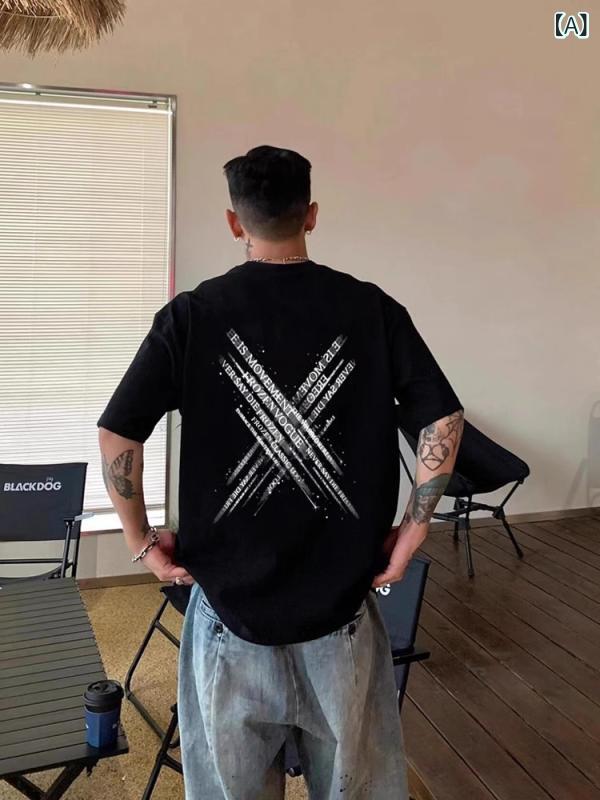 半袖Tシャツ メンズ 男性用 欧米風 ストリート ヒップホップ プリント ヘビーウェイト 厚手 綿 ドロップショルダー クルーネック ゆっ..