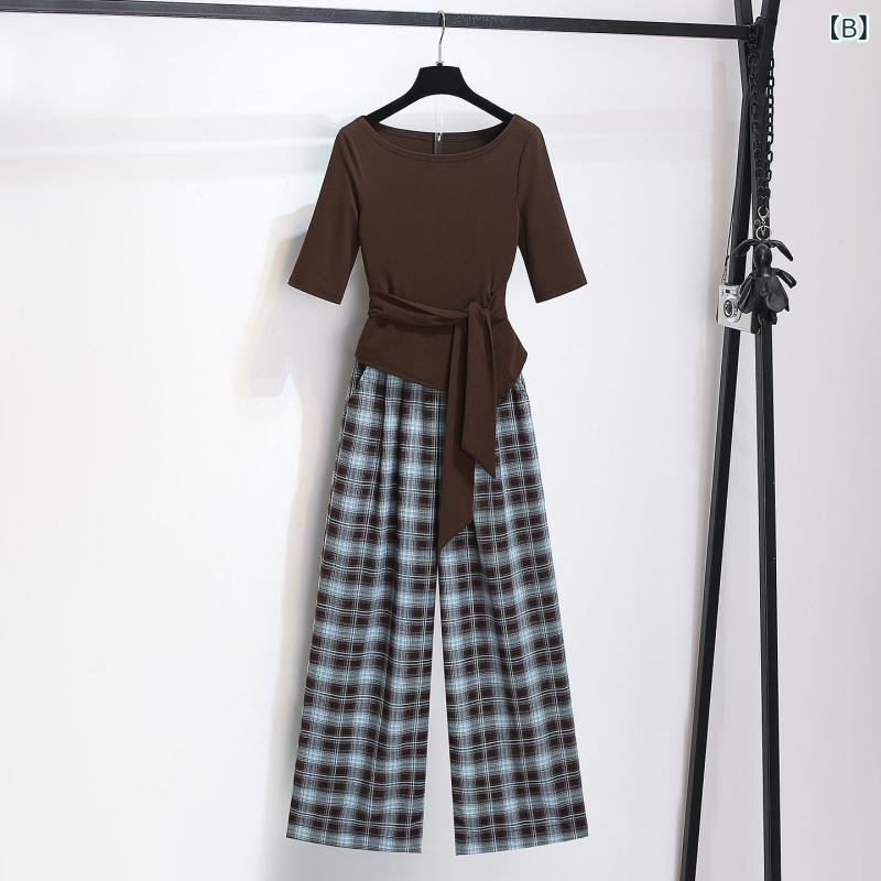 narukiのセットアップ レディース 七分袖 Tシャツ トップス チェック柄 ワイドパンツ ツーピース 女性用 ポリエステル 普段使い カジュアル 快適 おうち時間 リラックス ブルー ブラウン｜アングル2