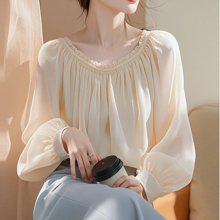 ブラウス レディース 長袖 フレンチ レトロ シフォン ポリエステル 切り替え ゆるシルエット 丸首 白 ベージュ エレガント 上品 トップス 普段使い オフィス カジュアル 秋冬(4.0)
