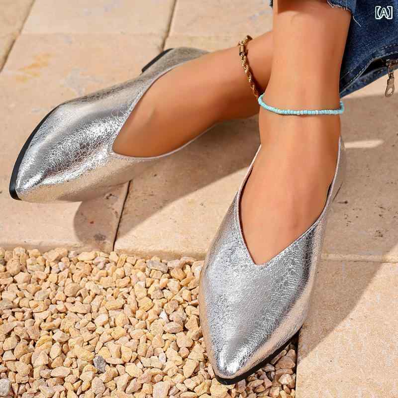 パンプス レディース フレンチ マリージェーン ポインテッドトゥ ローヒール チャンキーヒール スリッポン エレガント フェミニン 快適 合皮 レザー シルバー 大きいサイズ デイリーユース 普段使い