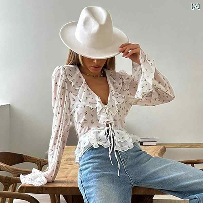 ブラウス レディース フレンチ レトロ 小花柄 シフォン ショート丈 Vネック フリル袖 長袖 ラッパ袖 リボンタイ 秋 きれいめ 通勤 オフ..