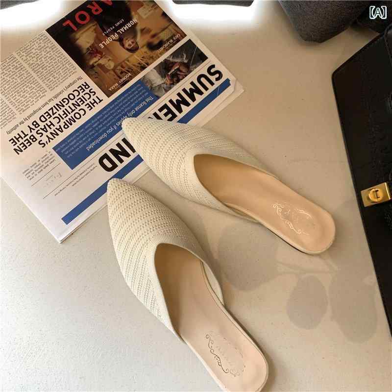 ミュール 女性用 ポインテッドトゥ ローヒール スリッポン バックレス フライニット 合成皮革 フラットサンダル 普段使い オフィス カジュアル 幅広いコーデ 春夏 オフホワイト ブラック 韓国