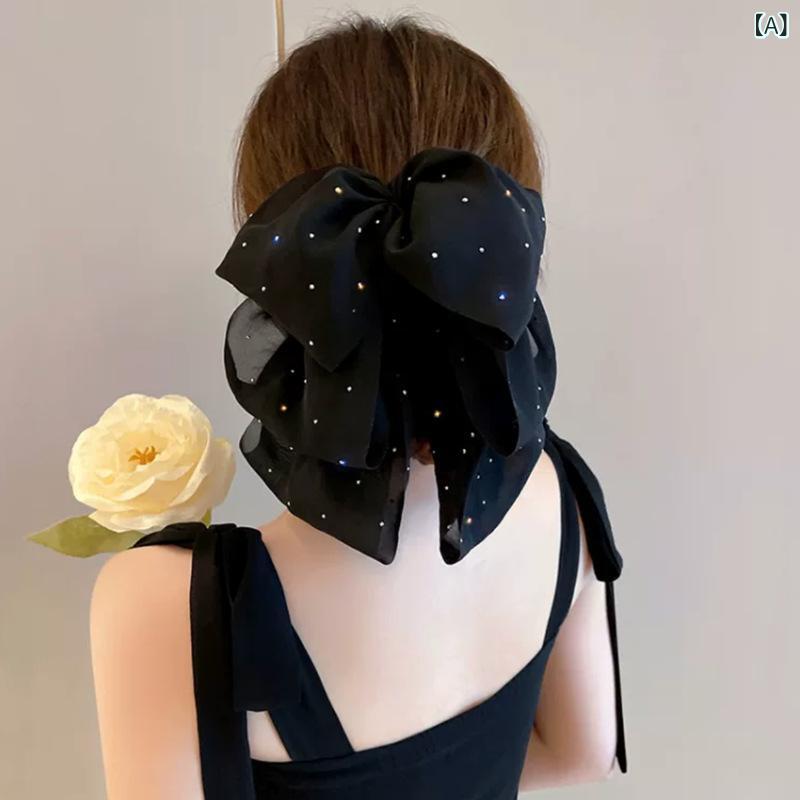 Rakuten - ヘアクリップ レディース 布製 チュール リボン 揺れるリボン バンスクリップ 満天星柄 フェミニン かわいい 高級感 低めポニーテール まとめ髪 後頭部 髪留め
