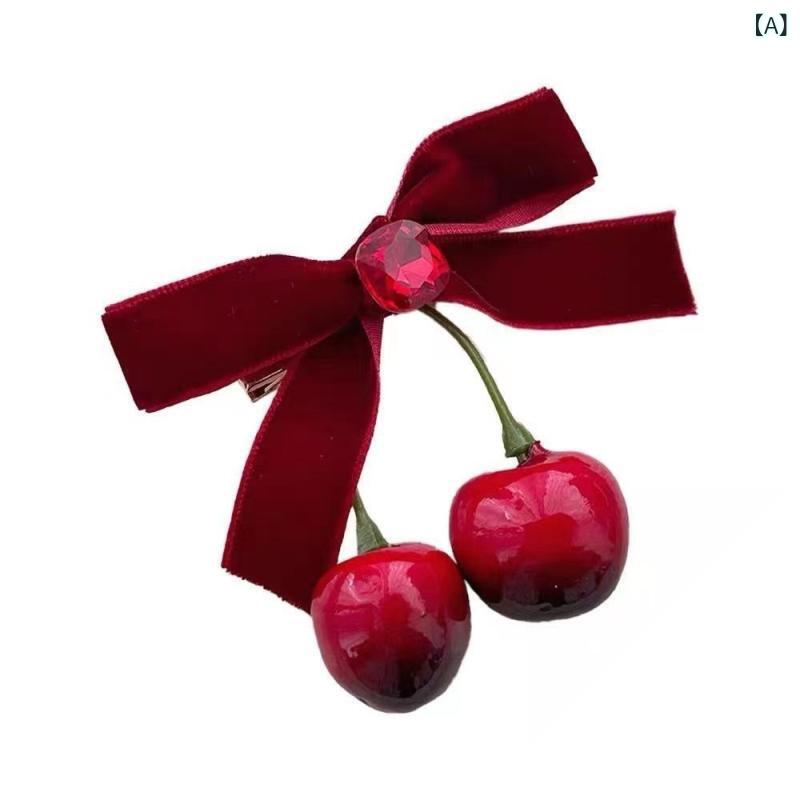 ヘアクリップ レディース レッド ベルベット ベロア さくらんぼ チェリー リボン 蝶結び 前髪 髪留め ミニクリップ かわいい キュート ヘアアクセサリー 髪飾り