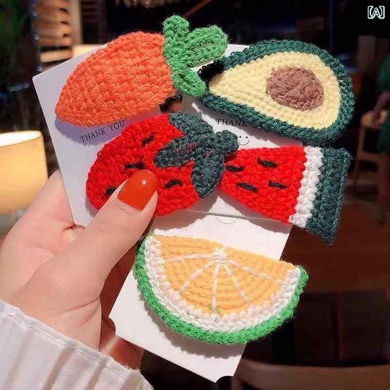 髪飾り キッズ 子供用 キャラクター 動物 フルーツ 毛糸 ニット パッチンピン サイドクリップ ヘアクリ..