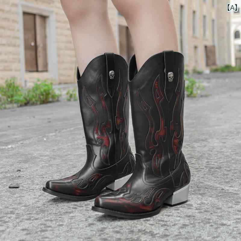 ブーツ レディース フェイクレザー スクエアトゥ チャンキーヒール ミドル丈 ミドルヒール 刺繍 レトロ..