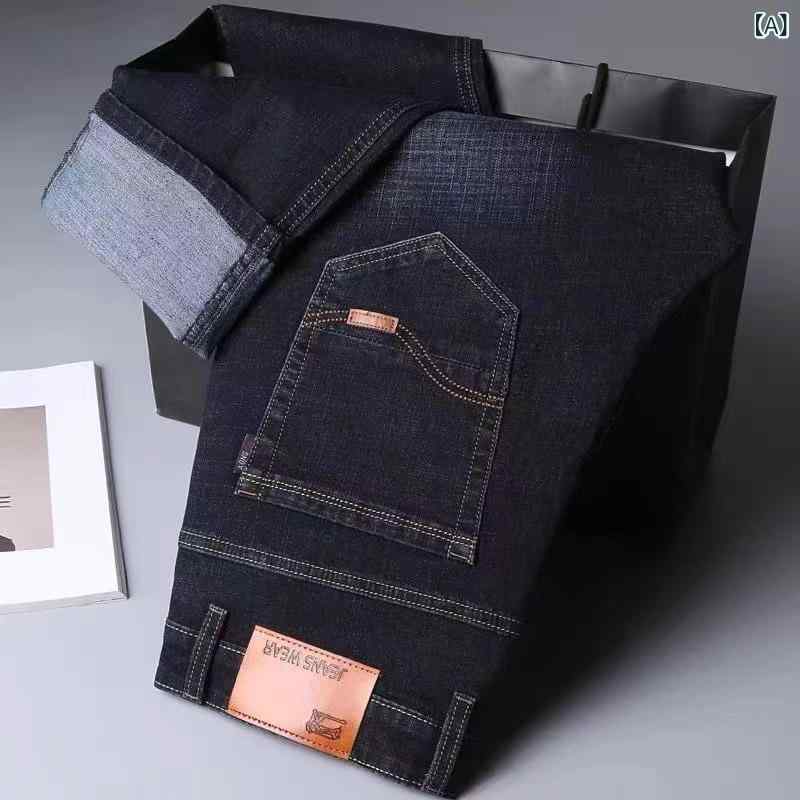 デニムパンツ メンズ ビッグサイズ 韓国ファッション スリムフィット ストレッチ ウォッシュ加工 ストレート ミドルウエスト 薄手 春秋 綿混 大人カジュアル ブルー ブラック