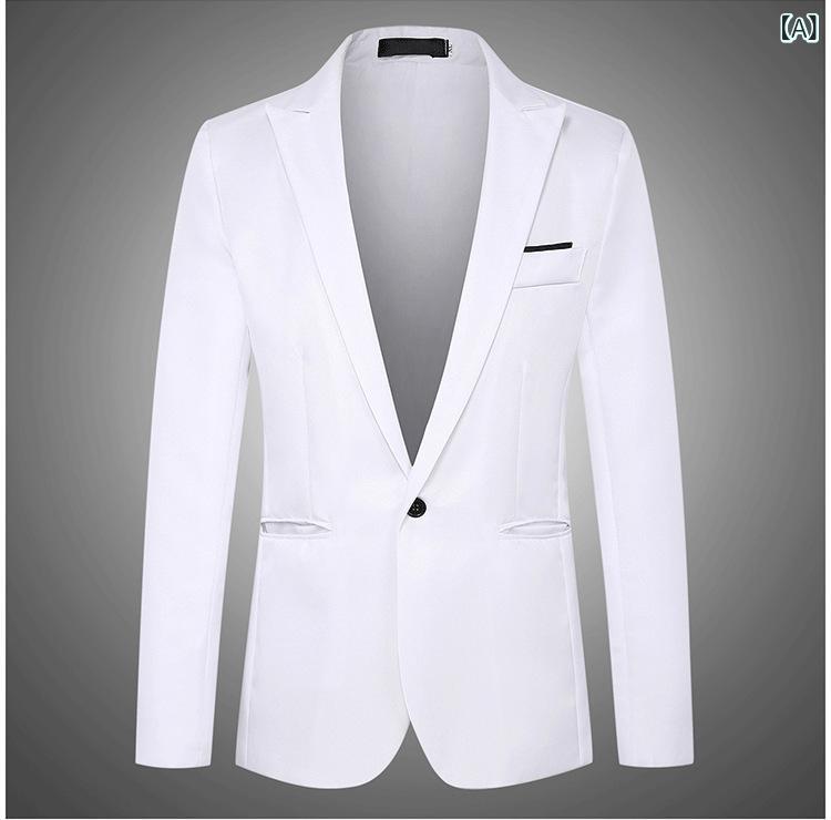 ジャケット メンズ 男性用 若者向け スリムフィット 細身 韓国 おしゃれ テーラードカラー 1つボタン シングルブレスト 無地 ポリエステル混紡 イージーケア シワになりにくい カジュアル ビジネス オフィス 普段使い 春秋