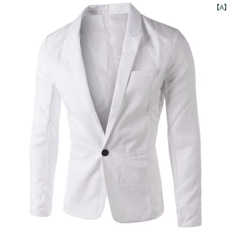 ジャケット メンズ カジュアル ファッション スリム 細身 韓国 シングルブレスト 1つボタン テーラードカラー 春秋 化繊混紡 レーヨン ポリエステル ノーアイロン 防シワ ブレザー アウター 上着