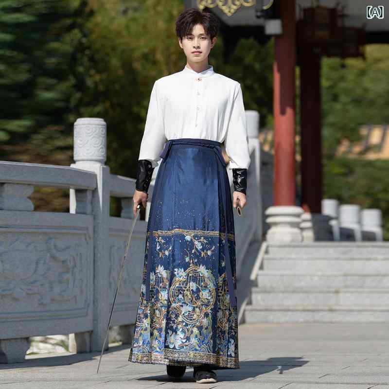 セットアップ メンズ スタンドカラーシャツ 織り金 馬面スカート 上下セット 学生服 団体服 舞台衣装 発表会 卒業式 推理ゲーム コスプレ 変装 漢服風 レトロ