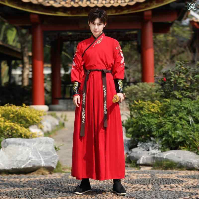 Trousers, Bottoms - 漢服 メンズ 男性用 大きいサイズ 中国風 中華風 侠客風 型 長袖 2点セット 舞台衣装 イベント 発表会 学園祭 コスプレ 普段使い カジュアル 刺繡 綿素材 レッド