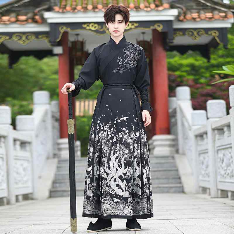 漢服 メンズ 男性用 武侠風 刺繍 交領 長袖 トップス 馬面スカート セットアップ 麻混紡 ポリエステル 旅行 普段使い イベント 衣装 コスプレ 春夏 涼しい 快適