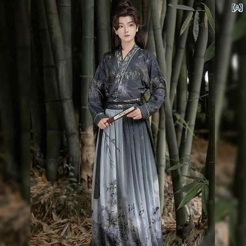 ・対象: 青年層・生地: 複合素材・主な素材: ポリエステル60%・: プリント・加工: プリント、染色・セット内容: インナー（トップス＋スカート）、3点セット（アウター＋トップス＋スカート）、5点セット（アウター＋トップス＋スカート＋ウエストチェーン＋アームガード）・サイズ展開: M、L、XL、XXL・スタイル: 中国風・性別: 男性