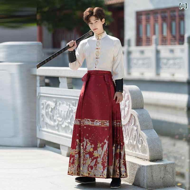 セットアップ メンズ 漢服 明代 中国風 新中式 古風 赤 レッド 孔雀柄 金糸織り シャツ トップス 袴スカート ロングスカート 上下セット カジュアル 衣装 イベント パーティー 舞台 演劇 秋冬 高級感