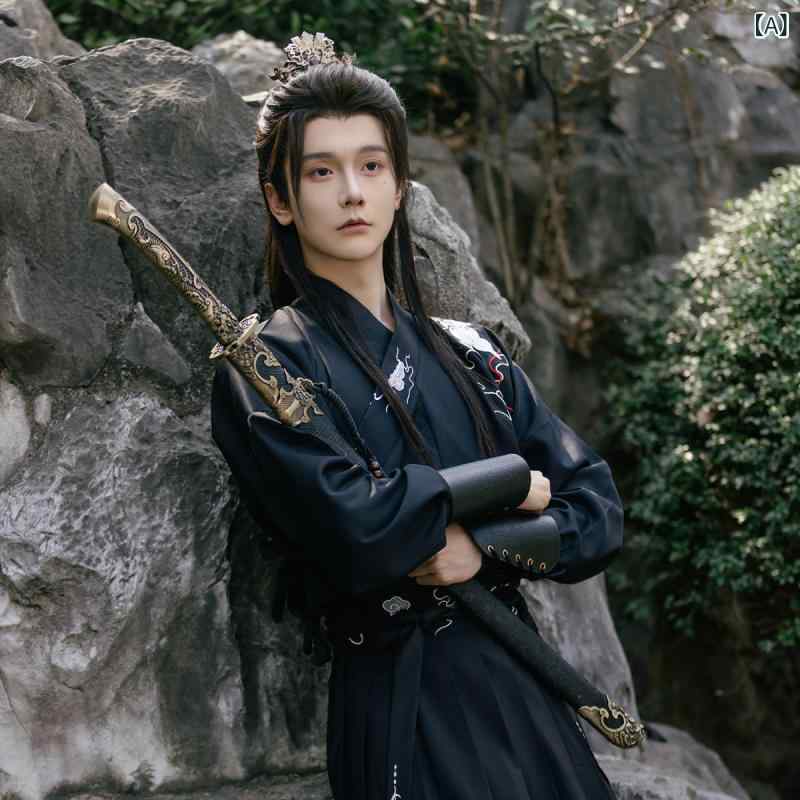 漢服 メンズ 男性 古代衣装 黒 ブラック 魏晋 武侠風 侠客 剣士 時代劇 舞台 演劇 イベント コスプレ 仮装 文化祭 撮影 中国服 民族衣装 麻混紡 ポリエステル