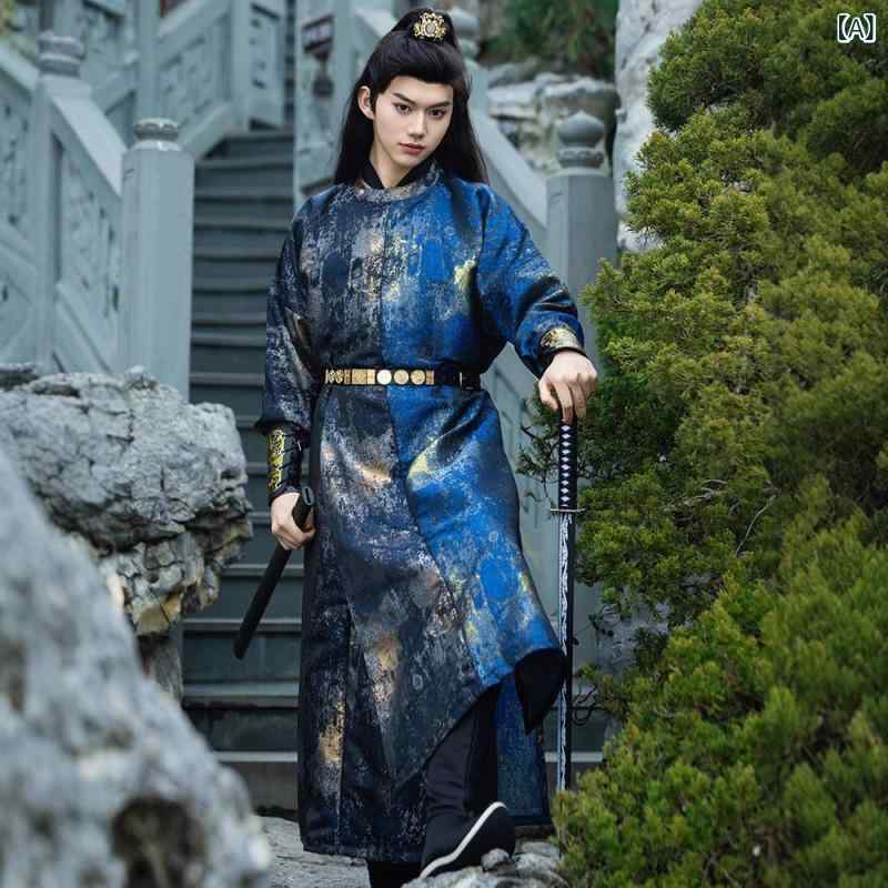 漢服 メンズ 男性用 青年向け 円領袍 襴袍 唐様式 中国風 切り替え 配色 青黒 ポリエステル 春秋 時代衣装 コスプレ イベント 舞台衣装