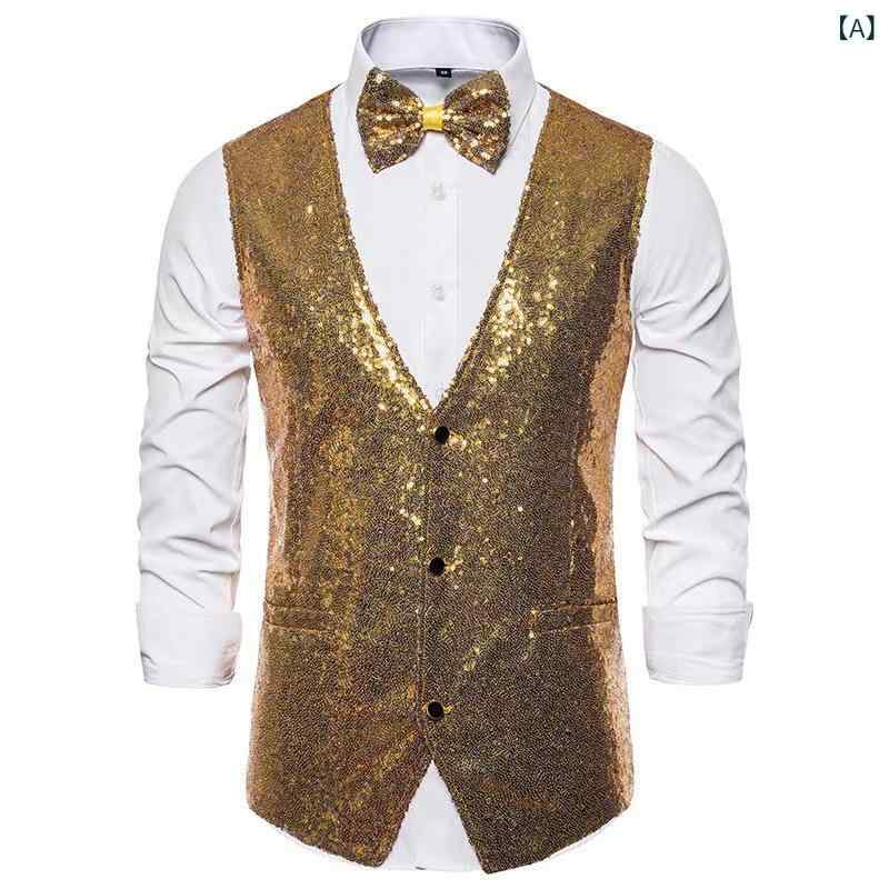 ベスト メンズ スパンコール キラキラ 光沢 スリムフィット Vネック シングルブレスト ステージ衣装 礼服 フォーマル 司会 MC ダンス 結婚式 パーティー 撮影用 ポリエステル ゴールド ブラック シルバー
