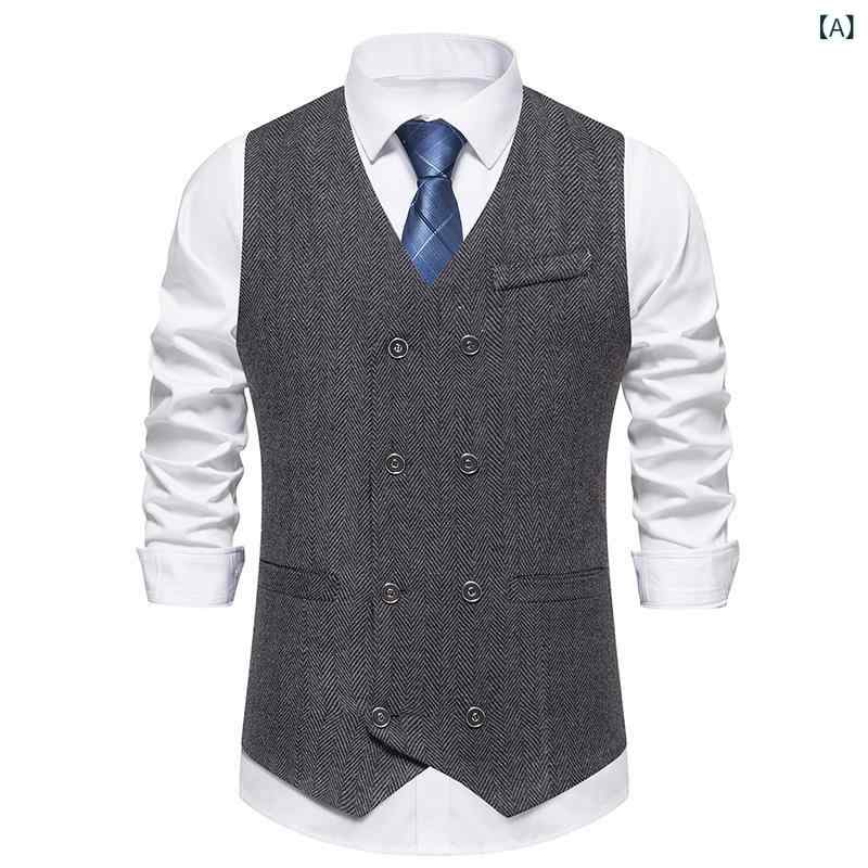 ベスト メンズ 男性用 ダブルブレスト レトロ スーツベスト ジレ Vネック スリムフィット 大きいサイズ カジュアル ビジネス ストライプ柄 ジャガード 化繊混紡 ノーアイロン