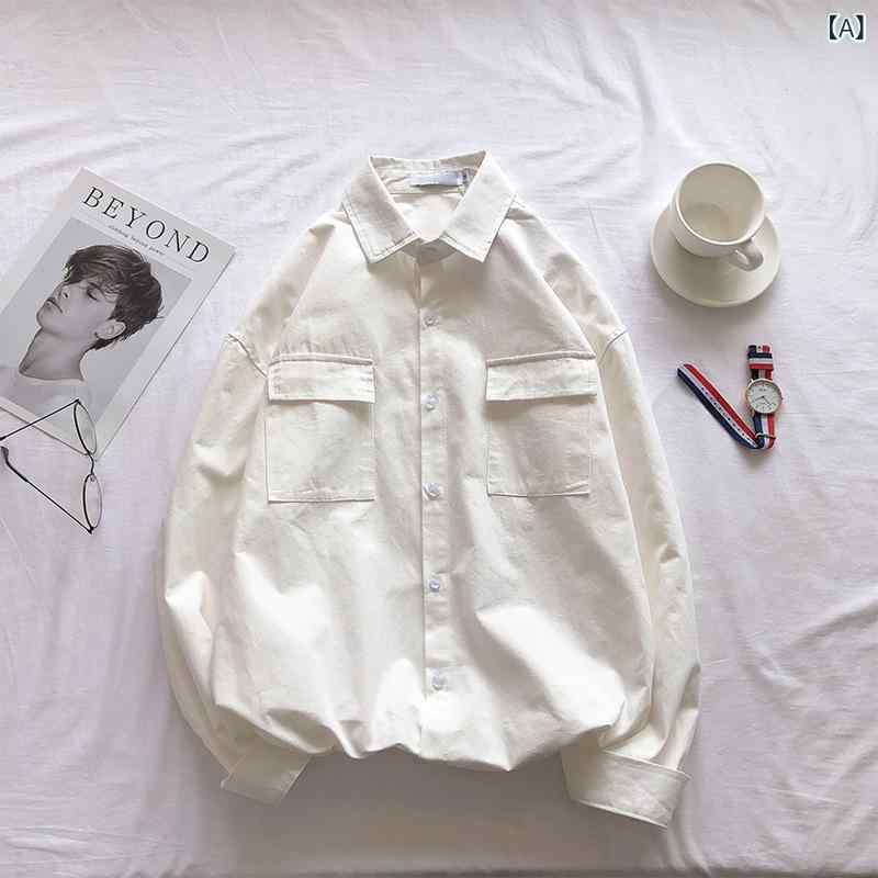 シャツ メンズ 無地 ワークシャツ 長袖 ビッグシルエット ルーズフィット シンプル ポケット付き カジュアル ストリート 羽織り ポリエステル ウォッシャブル 春秋 白 黒 黄 カーキ