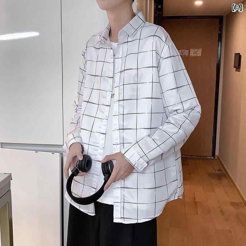 シャツ メンズ チェック 長袖 春夏秋 トレンド おしゃれ ゆったり ビッグシルエット カジュアル トップス ライトアウター ウォッシャブル 形態安定 ポリエステル ホワイト ブラック ネイビー