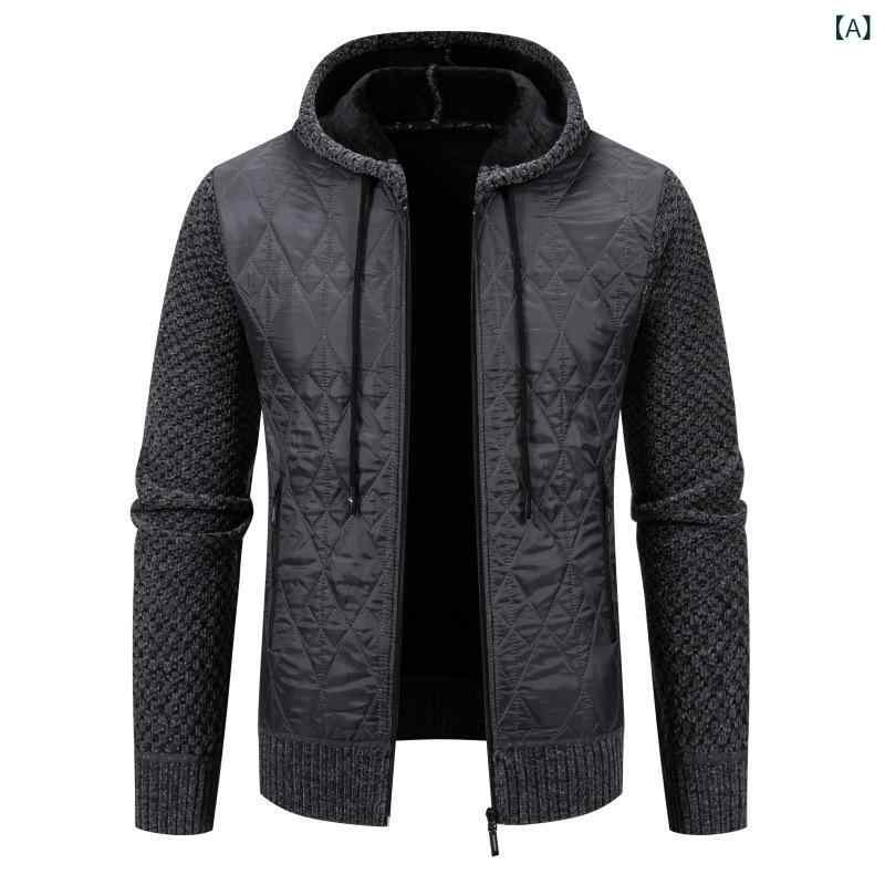 Other Jacket Jackets - ニットカーディガン メンズ 男性用 秋冬 フード付き 切り替え 裏起毛 厚手 ウール混 スリム 形態安定 普段使い アウター 羽織り 大人カジュアル きれいめ