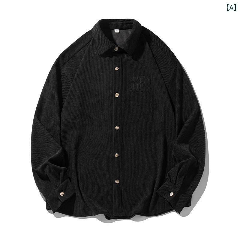 シャツ ユニセックス アメカジ コーデュロイ 長袖 襟付き ルーズフィット オーバーサイズ ロゴ刺繍 上..