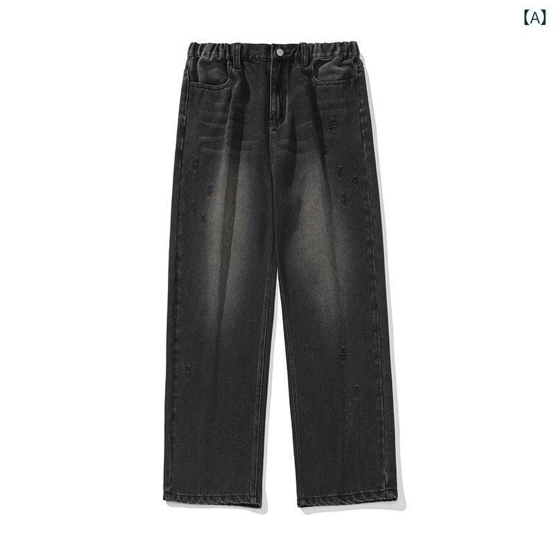 デニムパンツ メンズ 春物 ストリート系 ウォッシュド加工 刺繍 上質感 ゆったり ストレート ウエスト..