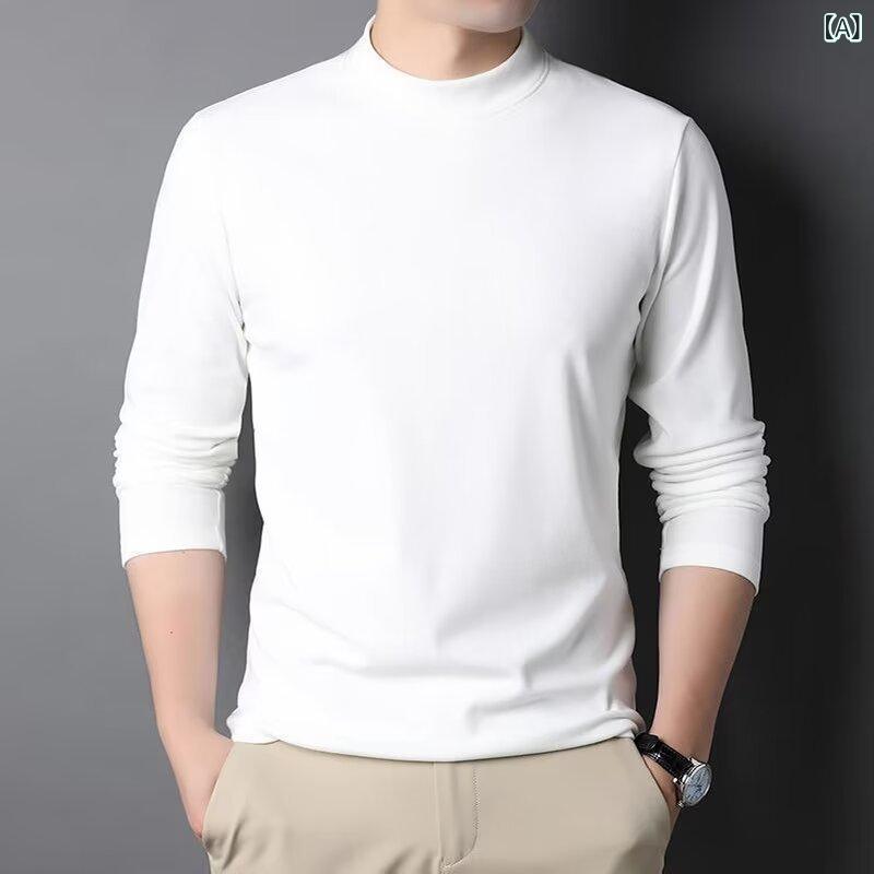Bottoms - Tシャツ メンズ ハイネック モックネック 長袖 徳絨 裏起毛 厚手 保温 暖か 高伸縮 ストレッチ イージーケア 韓国 カジュアル インナー 重ね着 普段使い 春秋冬 カットソー 男性用