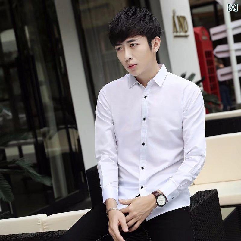 シャツ メンズ 春秋 長袖 無地 ポリエステル スリムフィット ホワイト ビジネス オフィス フォーマル 通勤 紳士用 ノーアイロン イージ..