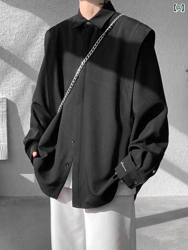 シャツ メンズ 男性用 無地 長袖 ゆったり ルーズフィット ドロップショルダー ドレープ感 落ち感 防シワ ノーアイロン イージーケア ..