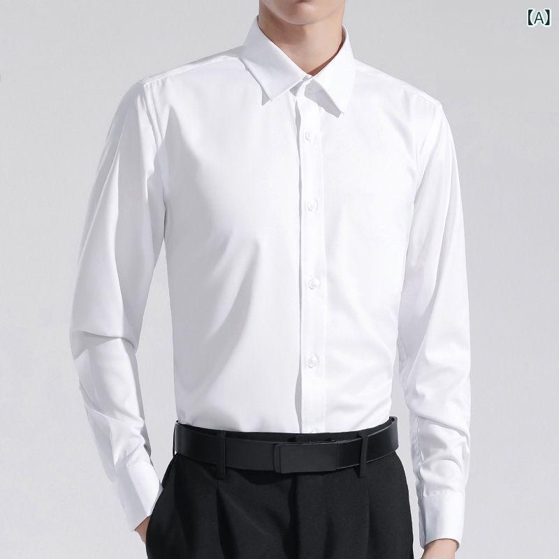 Casual Shirts - シャツ メンズ 長袖 ビジネス フォーマル ワイシャツ オフィス 通勤 デイリー カジュアル トップス 男性用 スリムフィット 細身 ポリエステル 無地 ホワイト ブルー ブラック ピンク