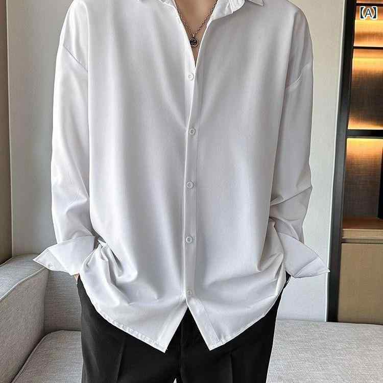 シャツ メンズ 男性用 長袖 イージーケア 接触冷感 ゆったり ビッグシルエット ドレープ感 韓国ファッション カジュアルスタイル 無地 レギュラーカラー ポリエステル 羽織り トップス 春秋 黒 白