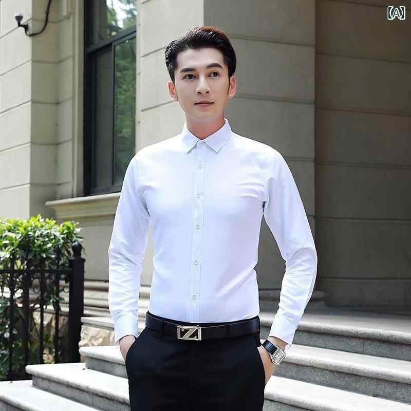 Casual Shirts - シャツ メンズ ワイシャツ 男性用 長袖 無地 ホワイト スリムフィット レギュラーカラー ノーアイロン 形態安定 韓国ファッション ポリエステル混紡 カジュアル ビジネス 通勤 オフィス 普段使い 春秋