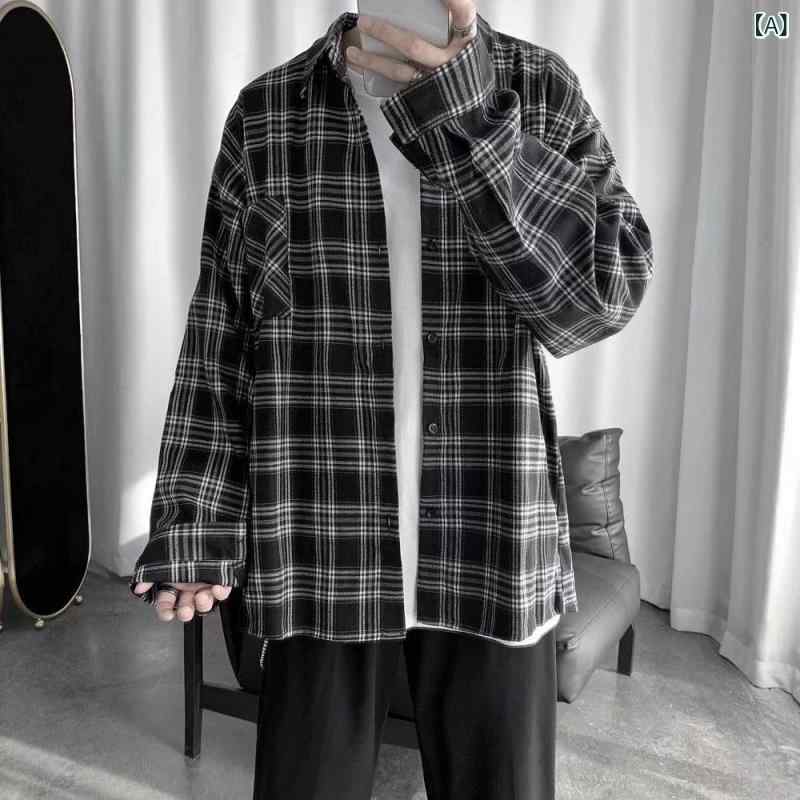 樂天商城 - シャツ ユニセックス ビッグシルエット 長袖 チェック柄 襟付き オーバーサイズ ストリート カジュアル 普段着 羽織り ライトアウター ポリエステル 通気性 吸湿速乾 春秋