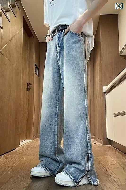 乐天商城 - デニムパンツ メンズ ハイストリート VIBE系 トレンド ルーズフィット ストレートシルエット ウォッシュ加工 裾 ジップ スリット コットン ストレッチ ミッドウエスト 普段使い カジュアル ブルー