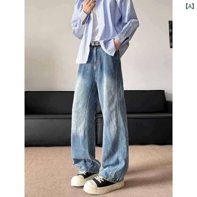 樂天商城 - デニムパンツ メンズ アメカジ ストリート カーブ ウォッシュ加工 ワイドストレート ルーズフィット ジーンズ 微ストレッチ 日常使い ポリエステル